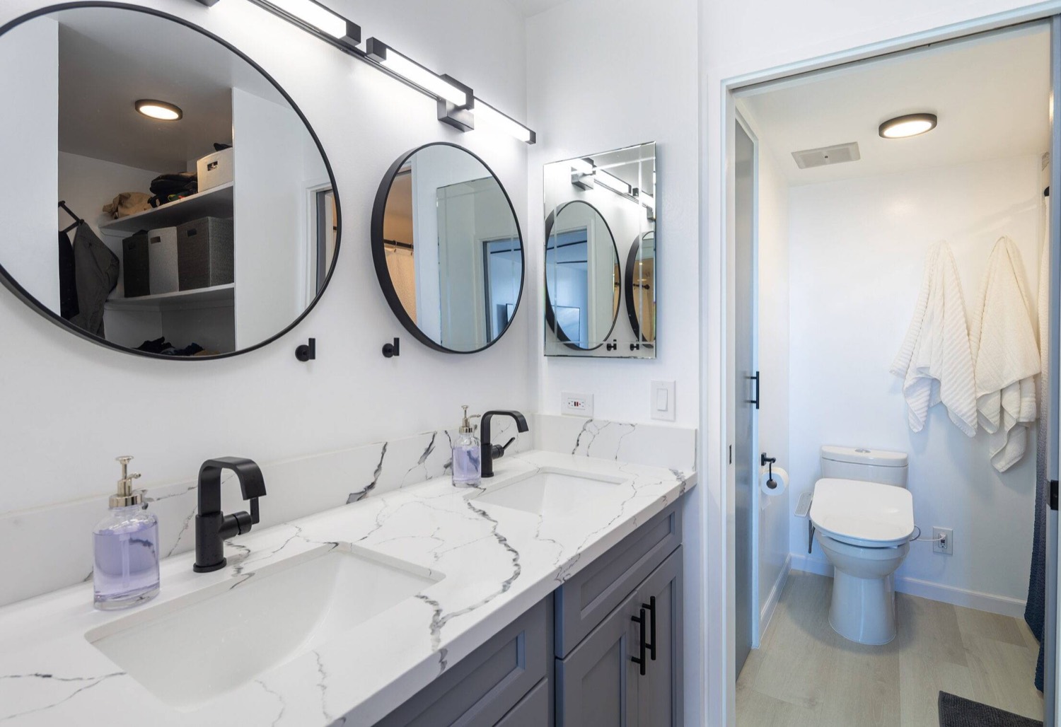 Soft grey veined quartz on a double bathroom vanity