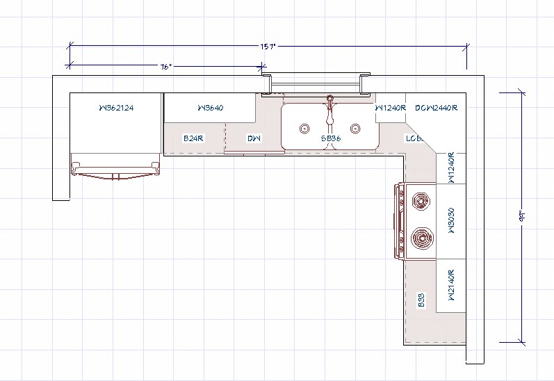 Dimensioned kitchen floor plan with cabinet part numbers and measurements