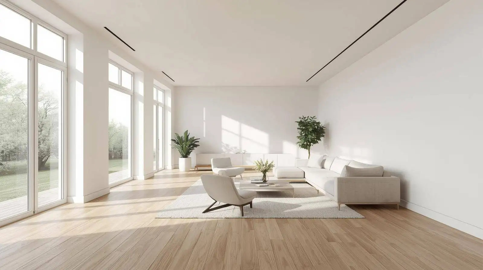 Wide-plank light oak vinyl flooring in a bright living room